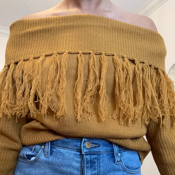 off shoulder burnt orange fringe sweater - Picture 1 of 3